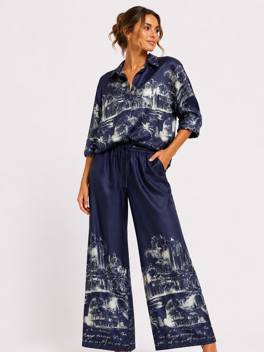 24.NEW Made in Italy 🇮🇹 Italian Silk Blend. 2pc set Navy Printed Wide-Leg set